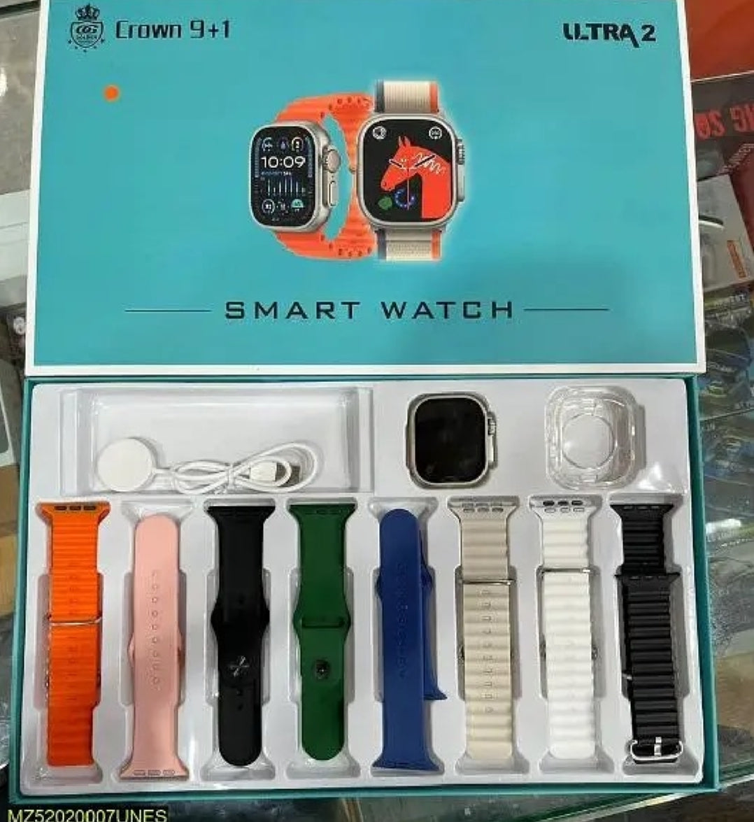 Crown 9+1 Smartwatch – Ultra Smart Watch with 8 Straps – Wireless Charging – Bluetooth Call Watch with Extra Straps – Ultra Watch for Men – Touch Watch for Girls – Boys Watch for Messaging